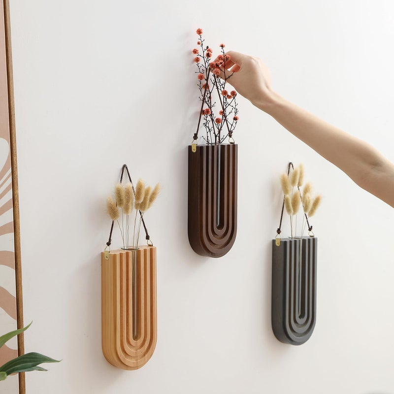 GRID FORTE Wood Wall Planter محطة نشر داخلية، مزهرية خشبية معلقة للزهور المجففة وحامل نباتات الحائط Boho Wall D؟cor لغرفة المعيشة على شكل قوس قزح (مجموعة من 3) - Image 5